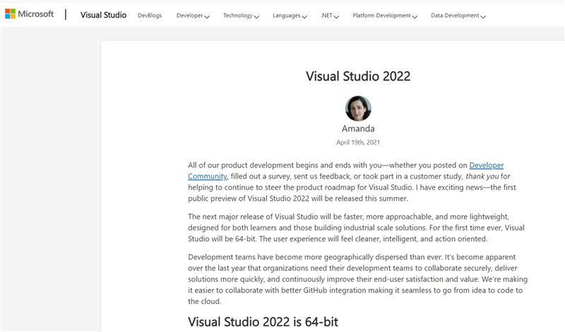 微软Visual Studio 2022 64位即将来临