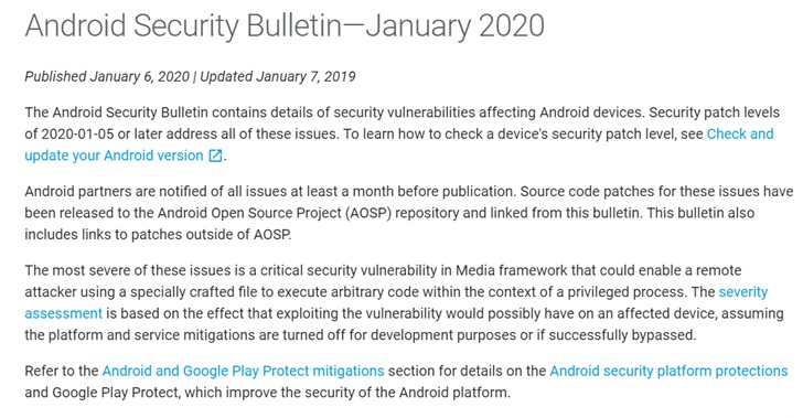 谷歌发布2020年1月Android安全补丁