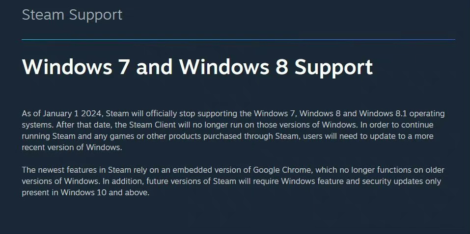 Steam客户端明年起不再支持微软Win7/8/8.1系统！